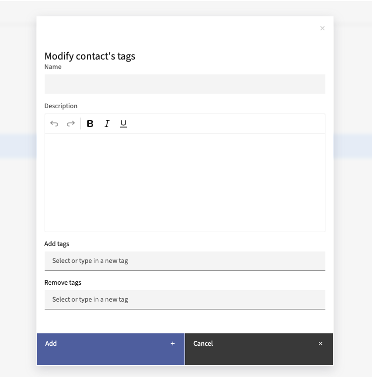 Modify Contact’s tags interface with input fields and action buttons