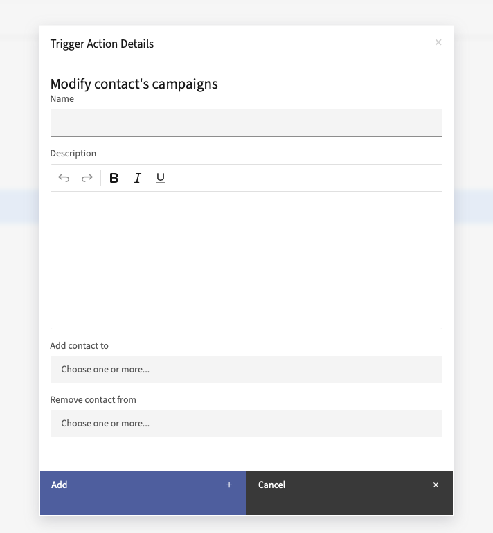 Modify Contact’s Campaigns interface with input fields and action buttons