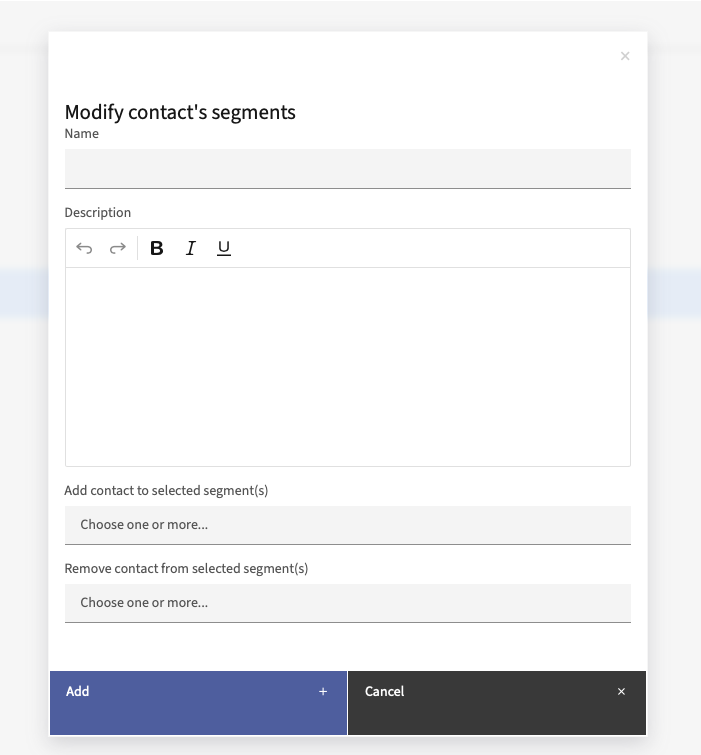 Modify Contact’s Segments interface with input fields and action buttons