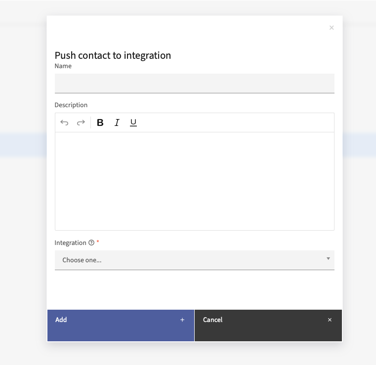 Push Contact to Integration interface with input fields, a dropdown menu, and action buttons