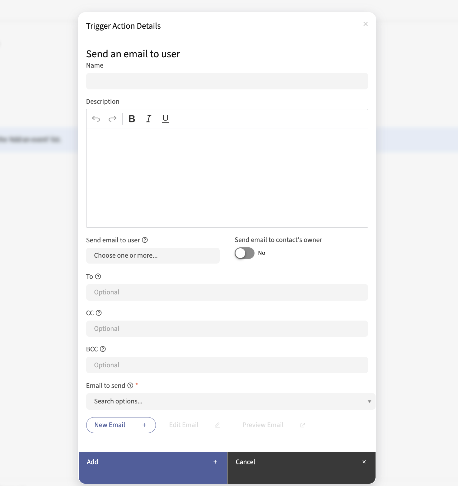 Send an Email to User interface with input fields, a dropdown menu, a switch, and action buttons