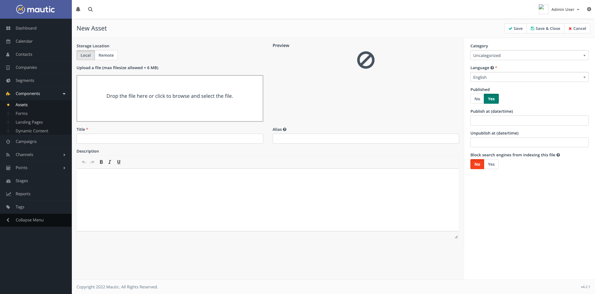 Screenshot of create new Asset interface