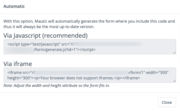 Screenshot showing the options for embedding a Mautic Form.