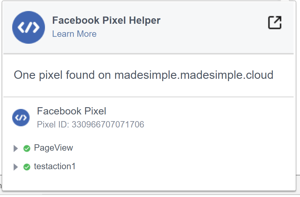 Screenshot of Facebook pixel