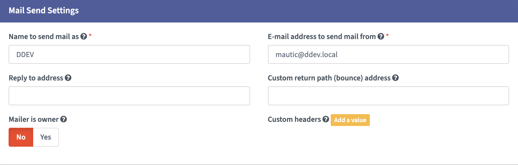 Screenshot showing Mail Send Settings Configuration in Mautic