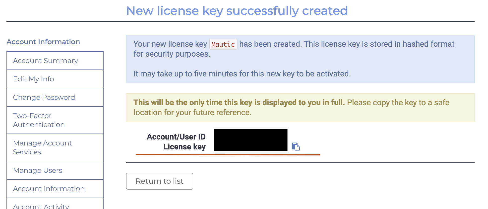 Screenshot of MaxMind license key