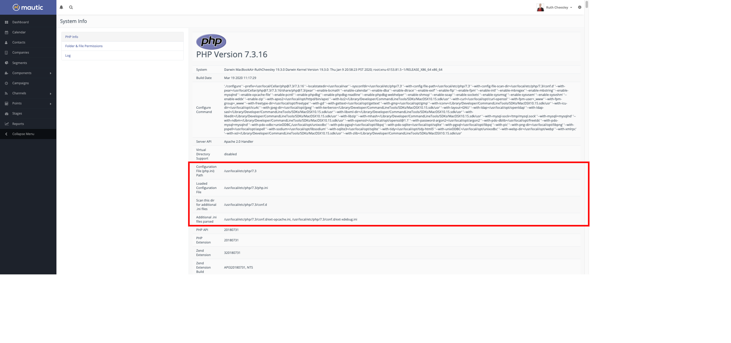 Screenshot of PHP settings in Mautic dashboard