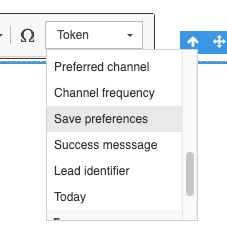 Screenshot of Preference Center tokens in editor