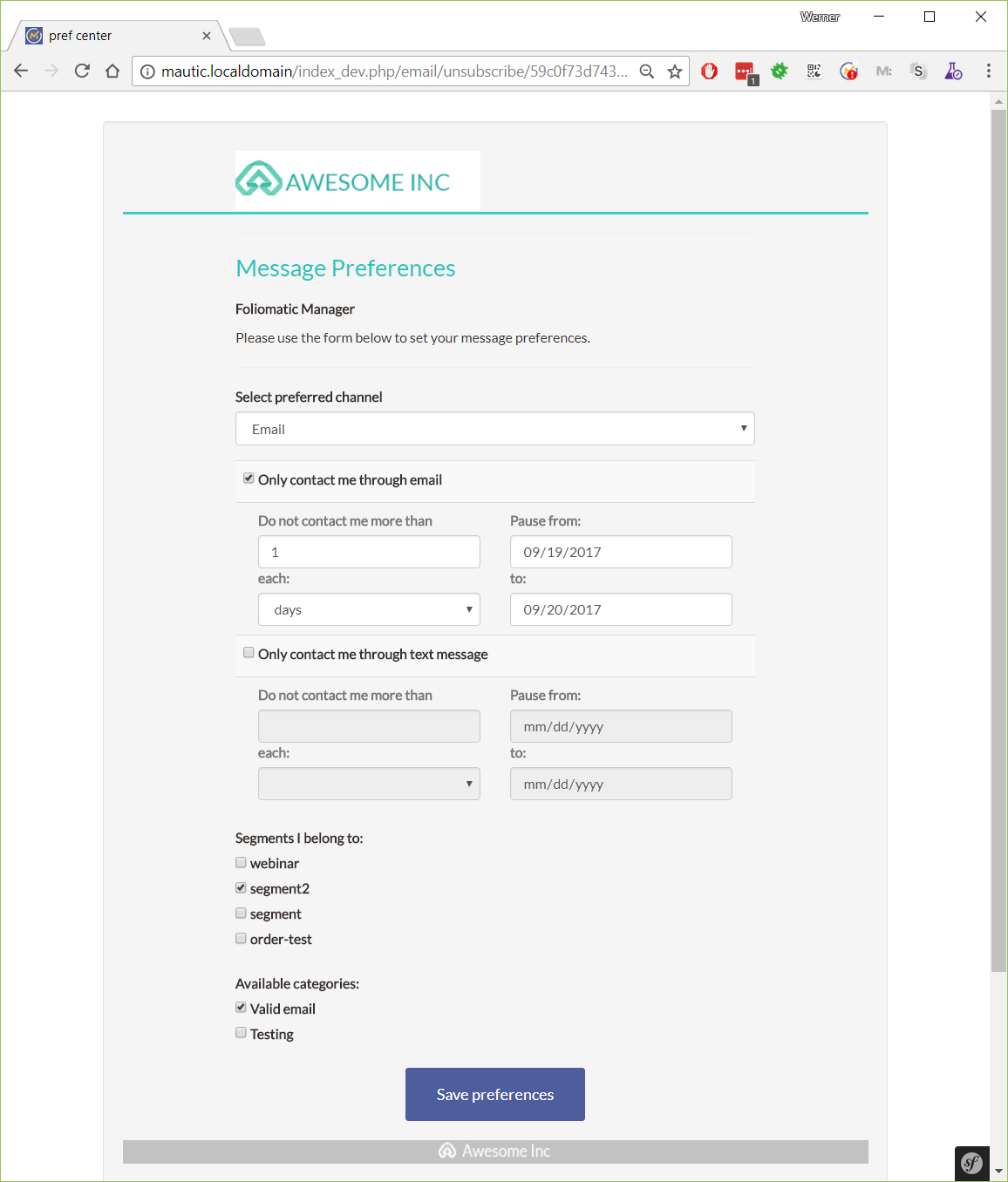 Screenshot of Preference Center as a Contact