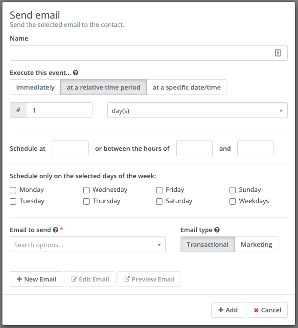 Screenshot of Campaign builder showing the Email send delay options.