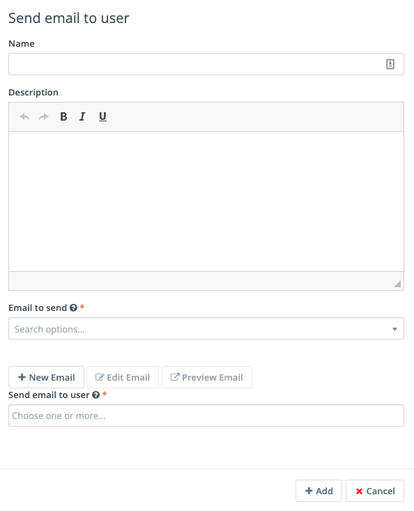 Screenshot showing the send Email to User Form action.