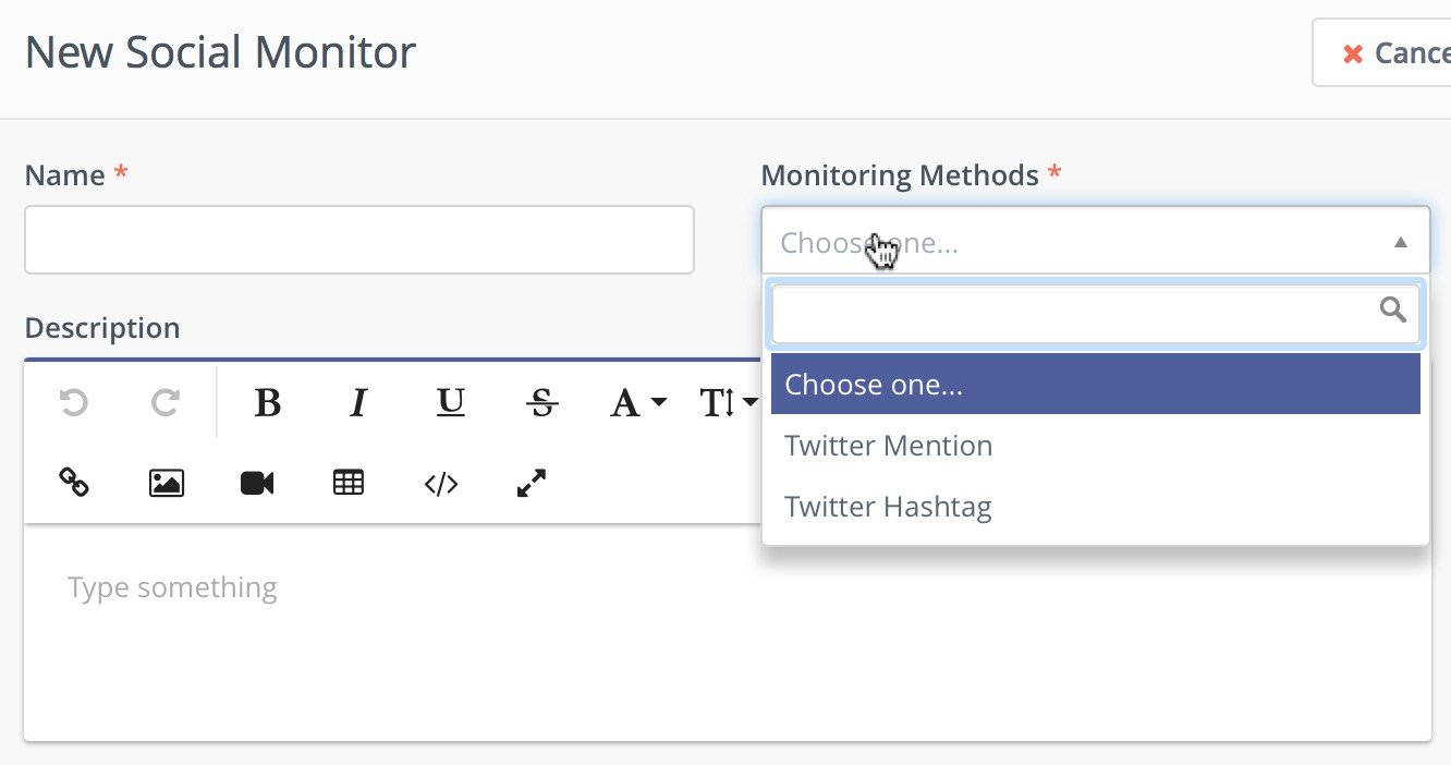 Screenshot showing the creation of a new Social Monitor.