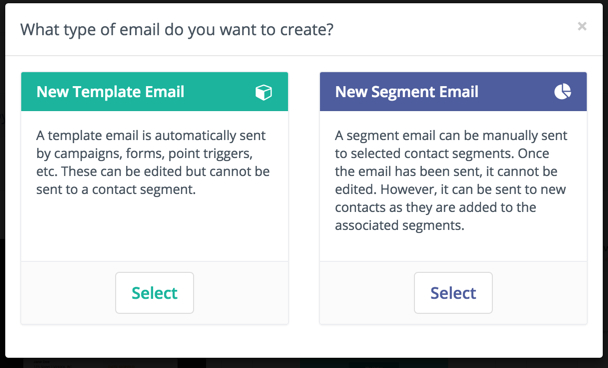 Screenshot showing the types of Emails that are available in Mautic
