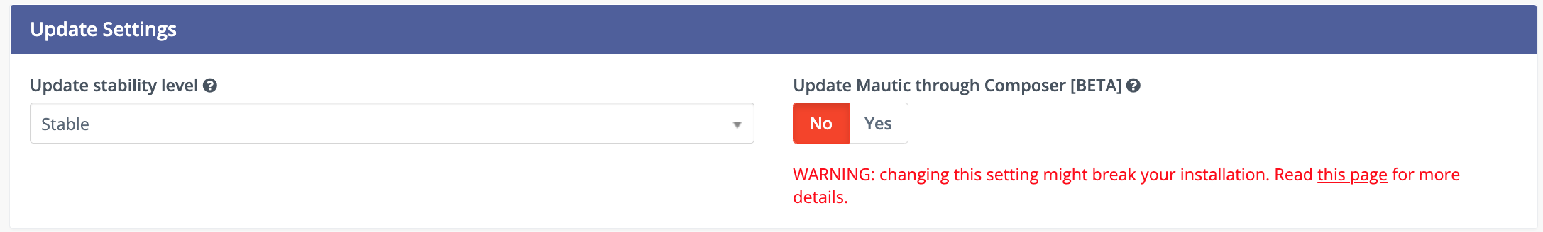 Screenshot showing Update Settings Configuration in Mautic