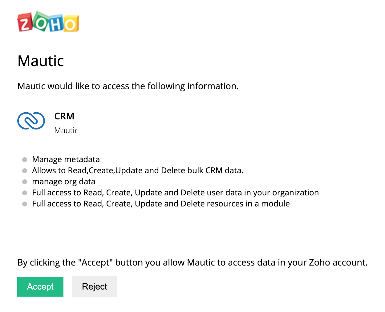 Screenshot of Mautic Zoho Integration Plugin