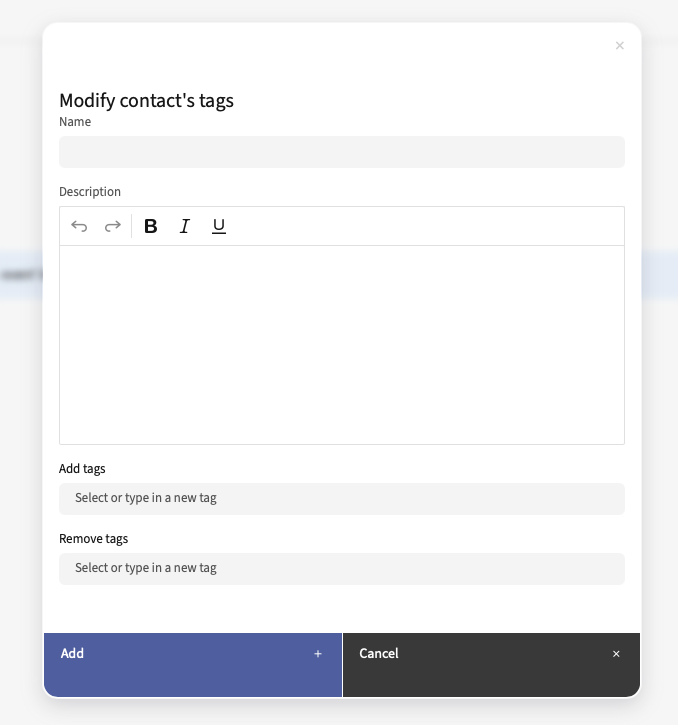 Modify Contact’s tags interface with input fields and action buttons