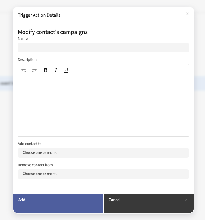 Modify Contact’s Campaigns interface with input fields and action buttons