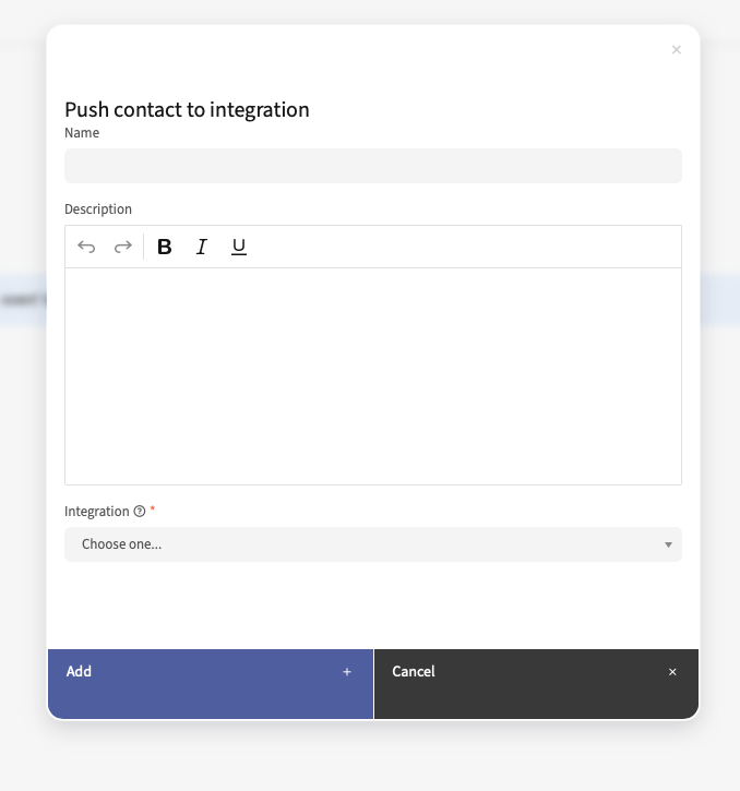 Push Contact to Integration interface with input fields, a dropdown menu, and action buttons