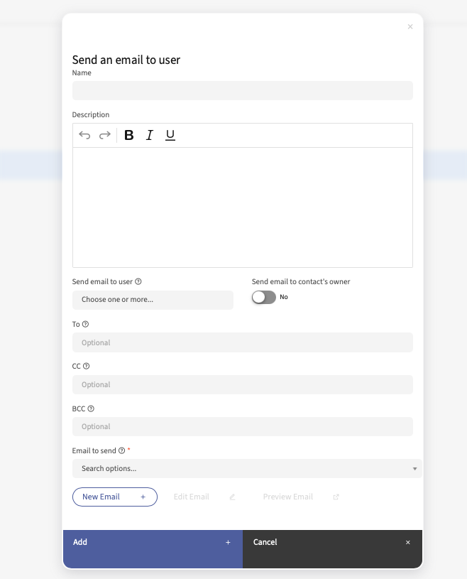 Send an Email to User interface with input fields, a dropdown menu, a switch, and action buttons