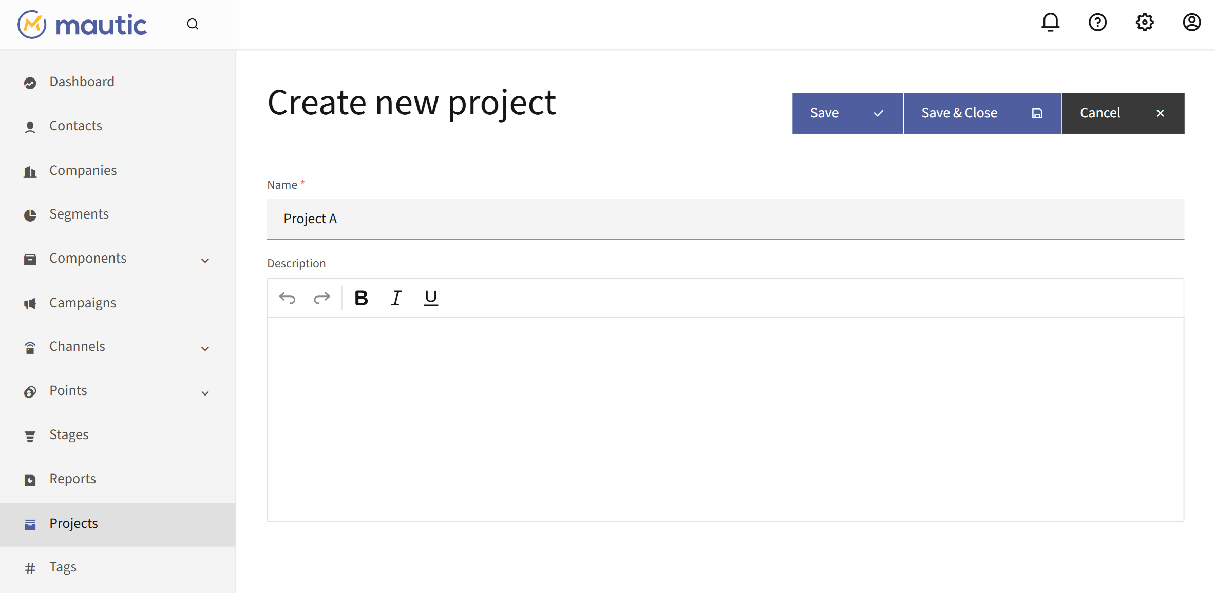 Create new Project screen with Name and Description fields