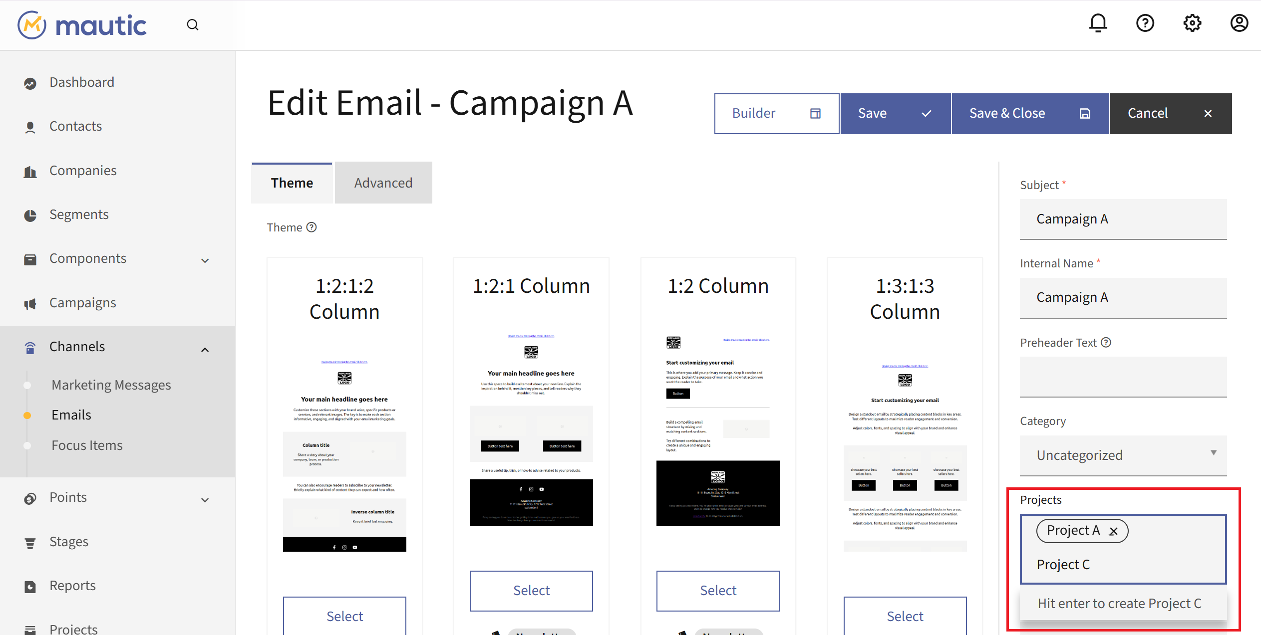 Email edit view with the Projects field used to assign the Email to a Project