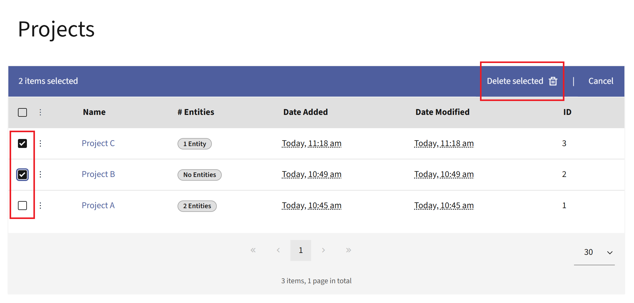 Projects list with two Projects selected and the Delete selected banner