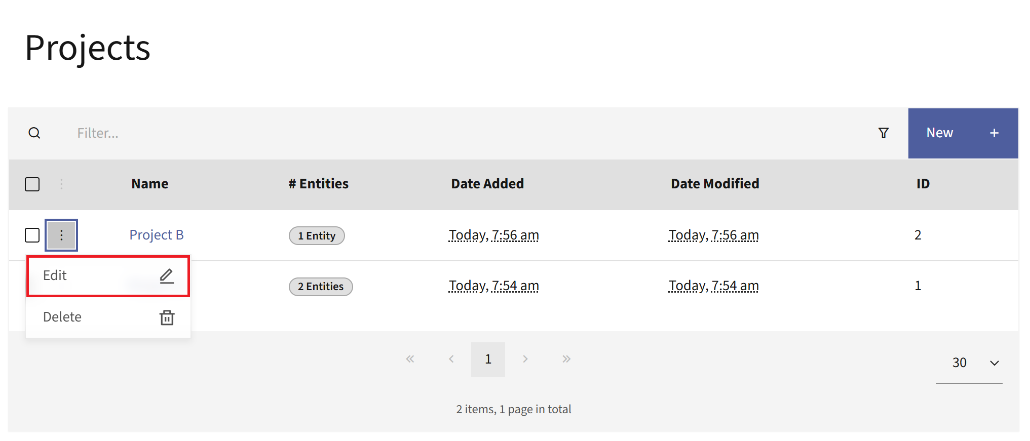 Projects list with the Options menu open and the Edit action highlighted