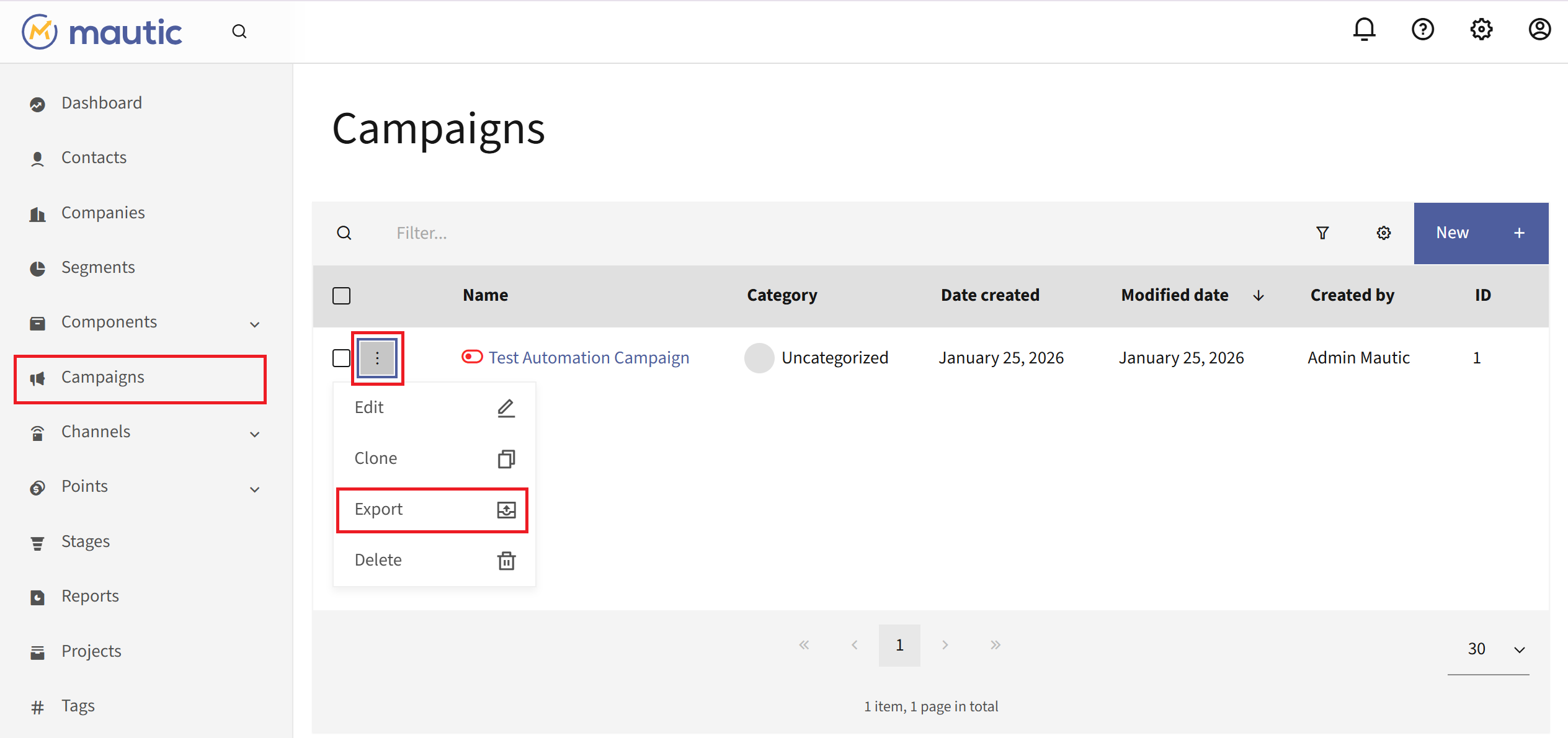 Highlight of Campaign menu, Options three-dot button, and Export option in the Mautic Campaigns section