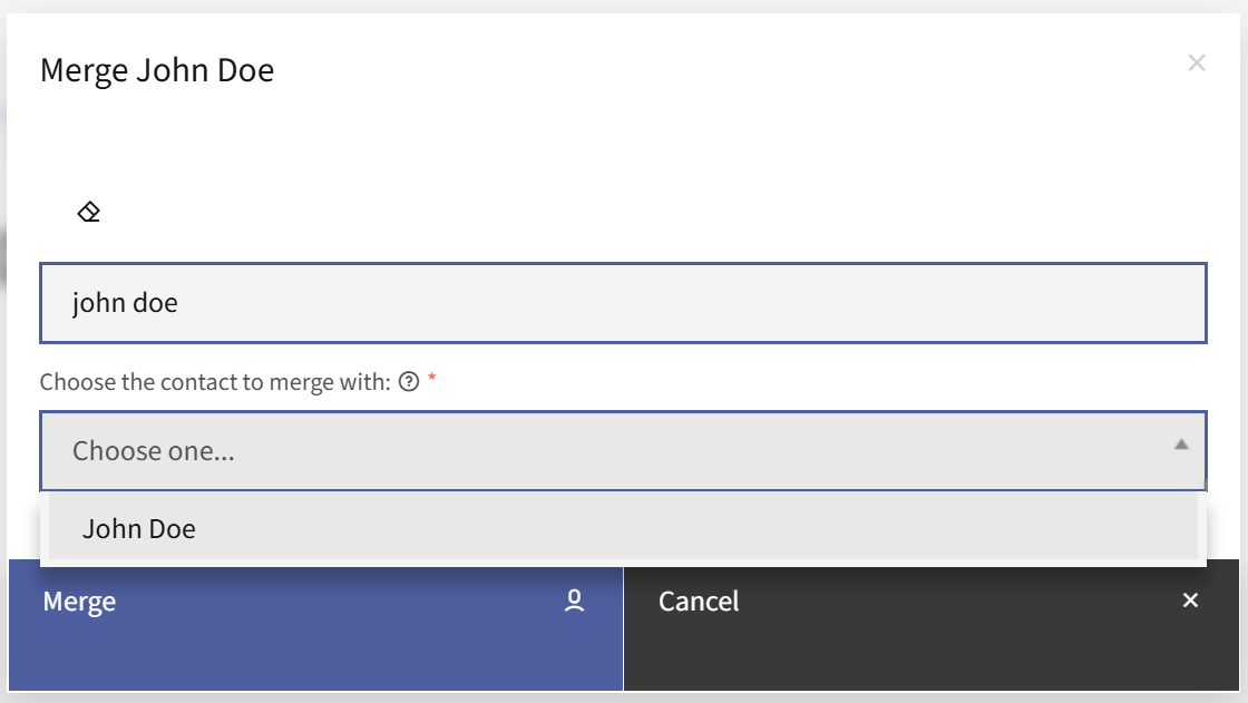Merge Contact pop-up window with a search field, a Choose the Contact to merge with select box, and the Merge button.