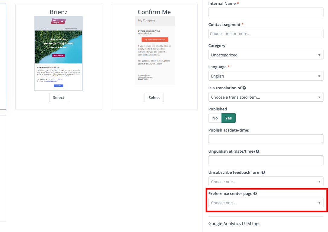 Screenshot of Preference Center select box when creating an Email